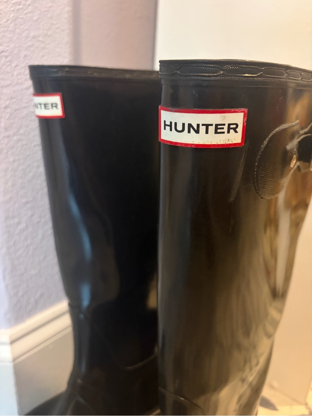 Hunter Black Gloss Tall Rain Boots with Red-Trim Logo